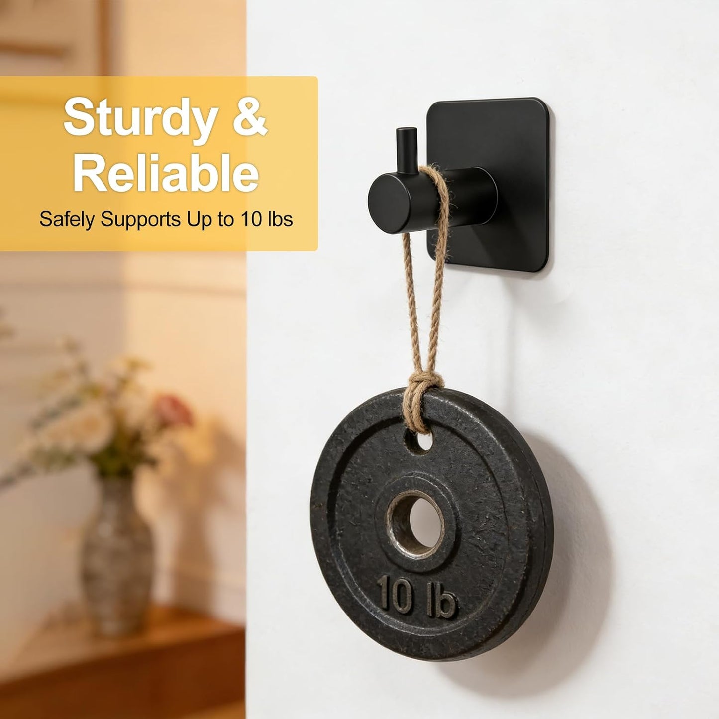 2 Pack Large Heavy Duty Adhesive Hooks, Waterproof Self Adhesive Wall Hangers for Hanging Towel Coat Keys, Strong Sticky Hooks for Bathroom Shower Kitchen Door Outdoor Home Utility （Black