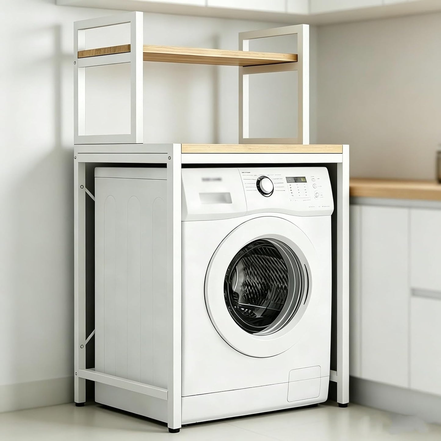 Laundry Room Space Saver Shelf, Over The Washer Dryer 2-Tier Storage Rack with Wood Top, Heavy-Duty Metal Frame Washing Machine Organizer Stand, Organization Unit for Bathroom, Balcony, Utility(Black)