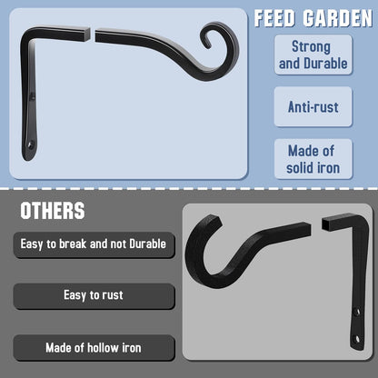 FEED GARDEN Heavy Duty Plant Hangers Outdoor Indoor, 8 Inch 2 Pack Metal Hanging Bracket Holds Up to 44 lbs, Wall Brackets for Hanging Baskets, Bird Feeders,Wind Chime& Lanterns, Black