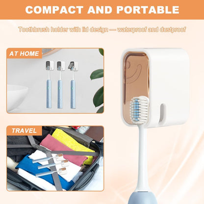 3PCS Toothbrush Holder Wall Mounted with Cover,Single Slot Electric Tooth Brushing Holder,Self Adhesive Hanging Toothbrush Organizer for Bathroom,Family,Travel(4.4 * 3 * 2.6cm,Color:Brown)