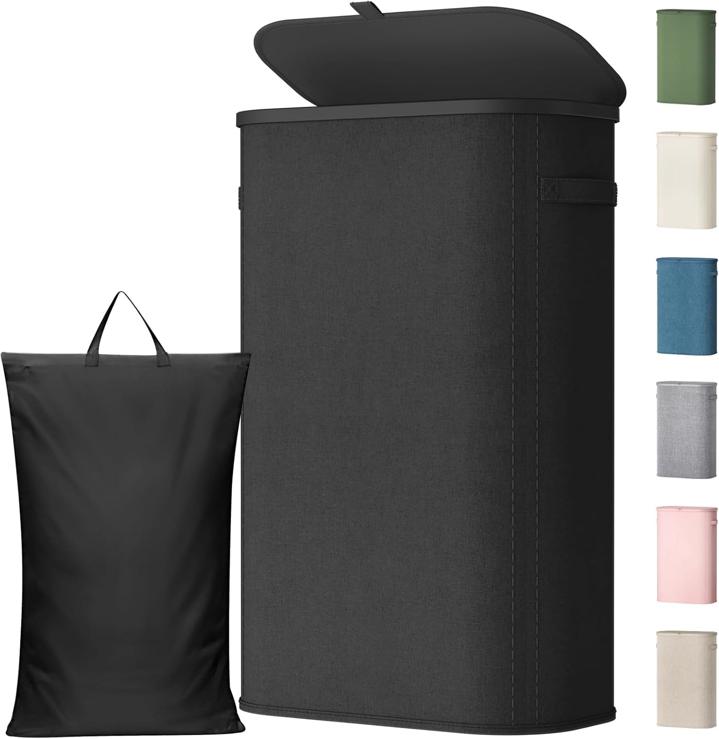 Lifewit Slim Laundry Basket with Lid, Narrow Laundry Hamper with Plastic Handles and Removable Bag, Tall Foldable Dirty Clothes Hampers for Laundry Room, Bedroom, Bathroom, Dorm, 65L Beige
