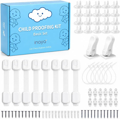 Inaya Complete Baby Proofing Kit - Child Safety Hidden Locks for Cabinets & Drawers, Adjustable Safety Latches, Corner Guards and Outlet Covers - Baby Proof Pack to Keep Your Child Safe at Home