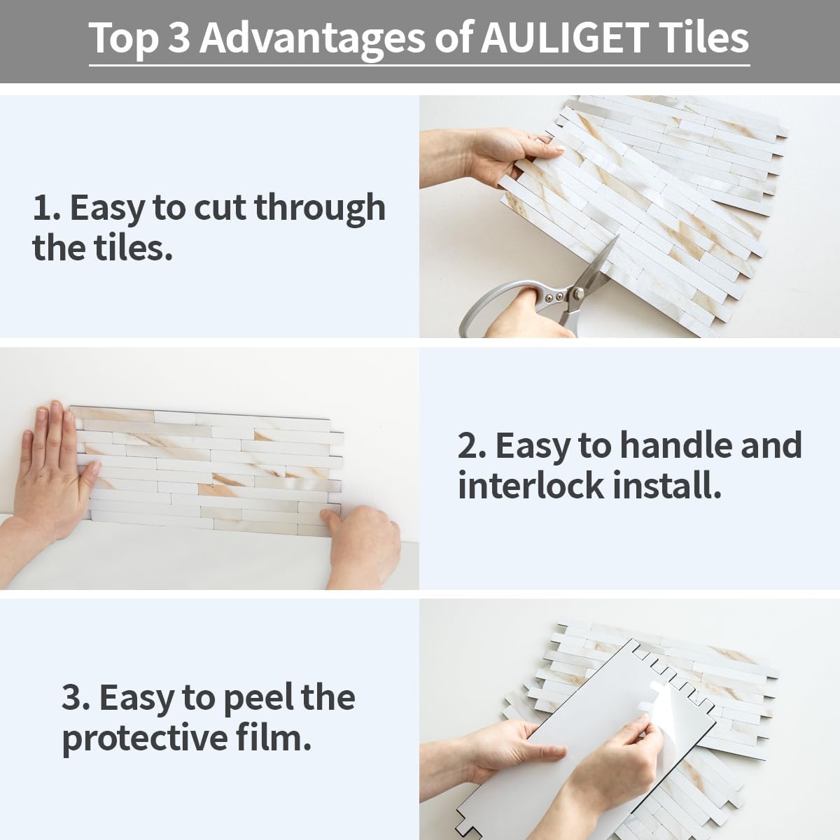 AULIGET 20 Sheets Peel and Stick Backsplash, Black & Grey Wood Look PVC Mixed Metal Stick on Backsplash Tiles for Kitchen