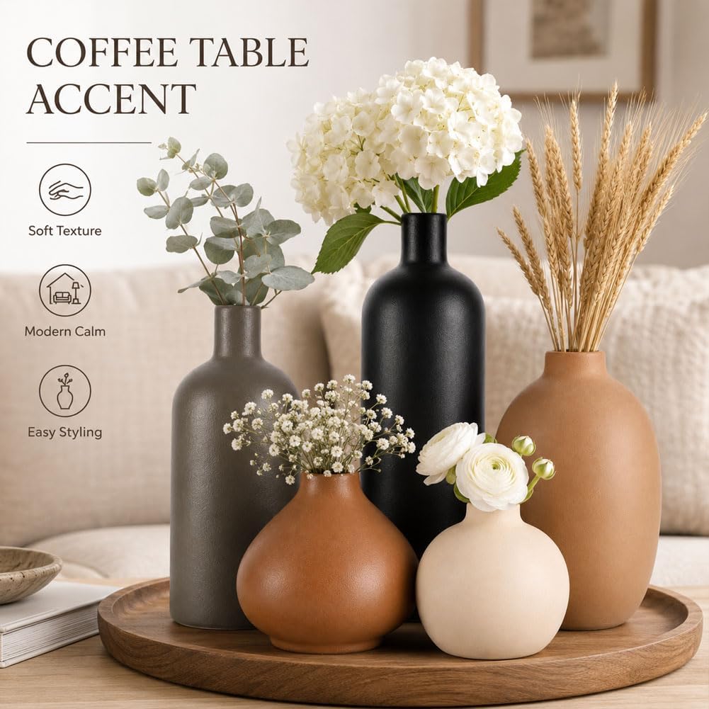 Ceramic Vase Set of 4, Modern Vases Home Decor, Neutral Decorative Vase for Bouquet Pampas Grass Dried Fresh Flowers, Small Vase for Living Room, Kitchen, Bedroom, Bathroom, Entryway Mantel, Decor