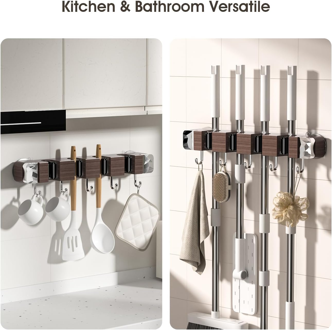 Suction Cup No Drilling Broom Holder Wall Mount, Walnut Color Mop Organizer Wall Hanging, 4 Racks 5 Hooks Tool Organizer Hanger Self Adhesive for Home, Garage, Garden, Laundry, Kitchen