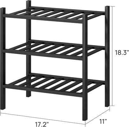 viewcare 3-Tier Black Bamboo Shoe Rack for Entryway, Stackable | Foldable | Natural, Shoe Shelf Storage Organizer for Hallway Closet, Free Standing Shoe Racks for Indoor Outdoor