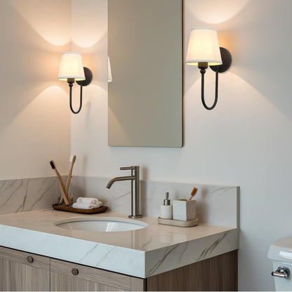 Pathson Antique Linen Fabric Wall Sconces Set of 2, Hardwired Curved Arm Bathroom Vanity Light, Indoor Wall Decor Lamp for Living Room, Kitchen, Bedroom, Foyer