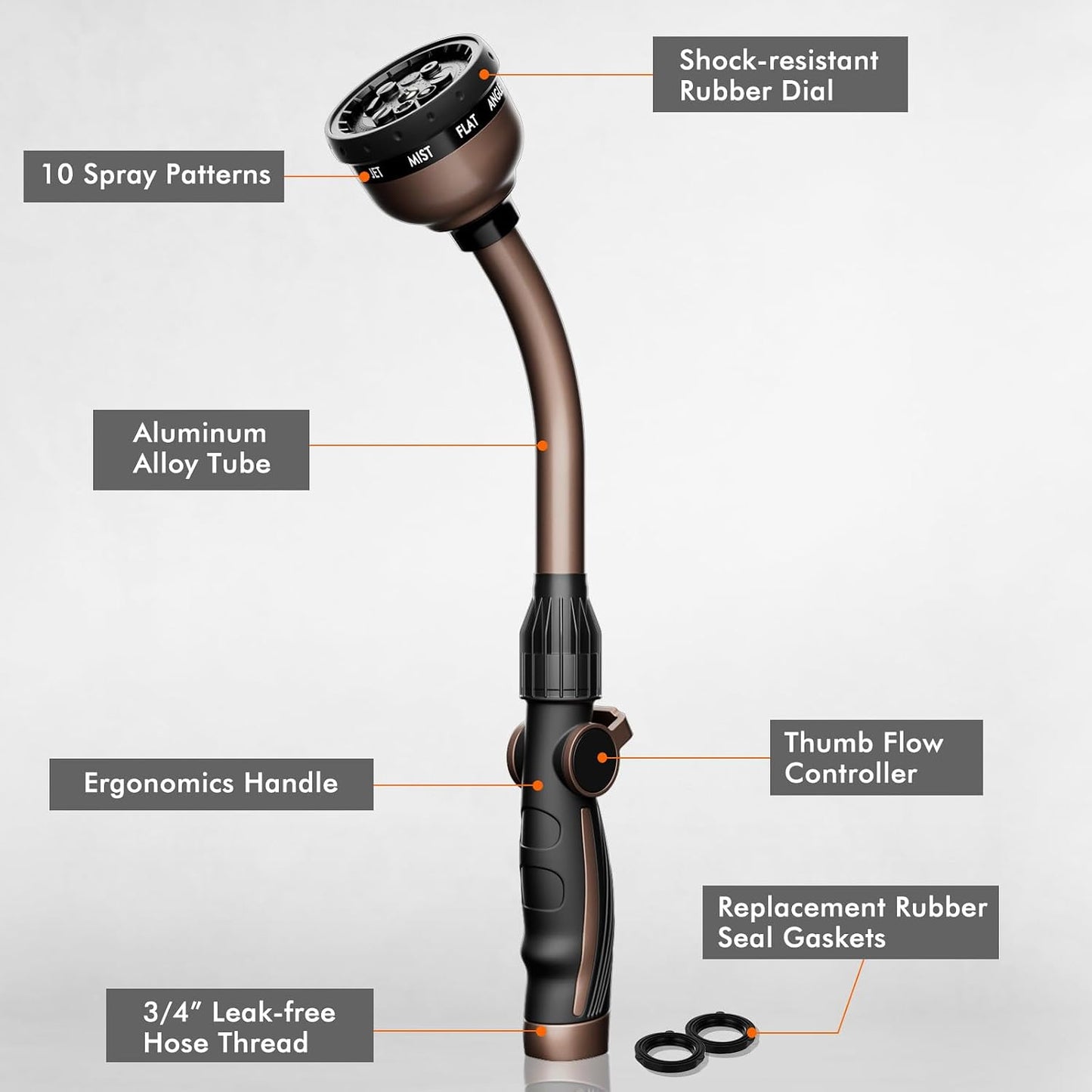 RESTMO Watering Wand Heavy Duty, Metal Garden Hose Wand with 10 Spray Patterns, 15-Inch Long Hose Nozzle Sprayer with Thumb Flow Control, Ideal to Water Hanging Baskets and Shrubs