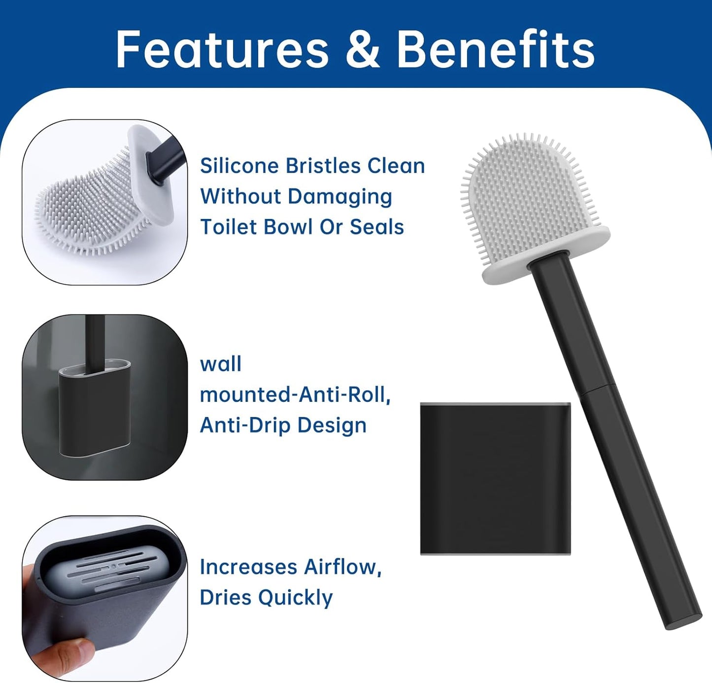 TEITEAI RV Toilet Bowl Brush - Silicone Bristles, Gentle on Toilets | Wall-Mounted for RVs, Trailers, Campers | Anti-Roll, Anti-Drip Design for Travel-Friendly Convenience