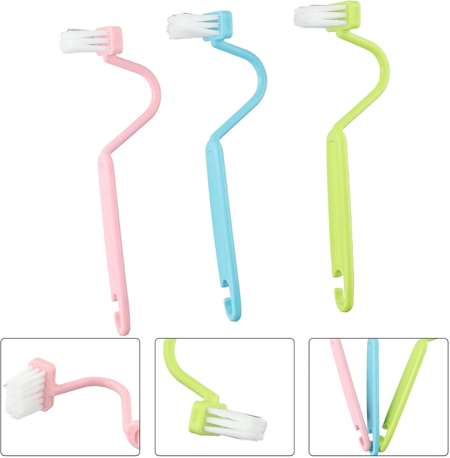 FABULETTA Toilet Under Rim Cleaning Brush Set, S-Shaped Curved Handle for Deep Corner Clean, Plastic Bent Tool for Sink Drain and Floor Tracks, 3-Pack
