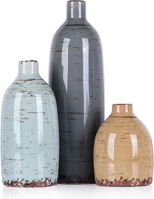 Ceramic Vase Set of 3, Small Flower Neutral Vases Home Decor, Pottery Rustic Farmhouse Decorative Vases, Modern Decor for Table Mantel Entryway Bookshelf Living Room Kitchen Bedroom