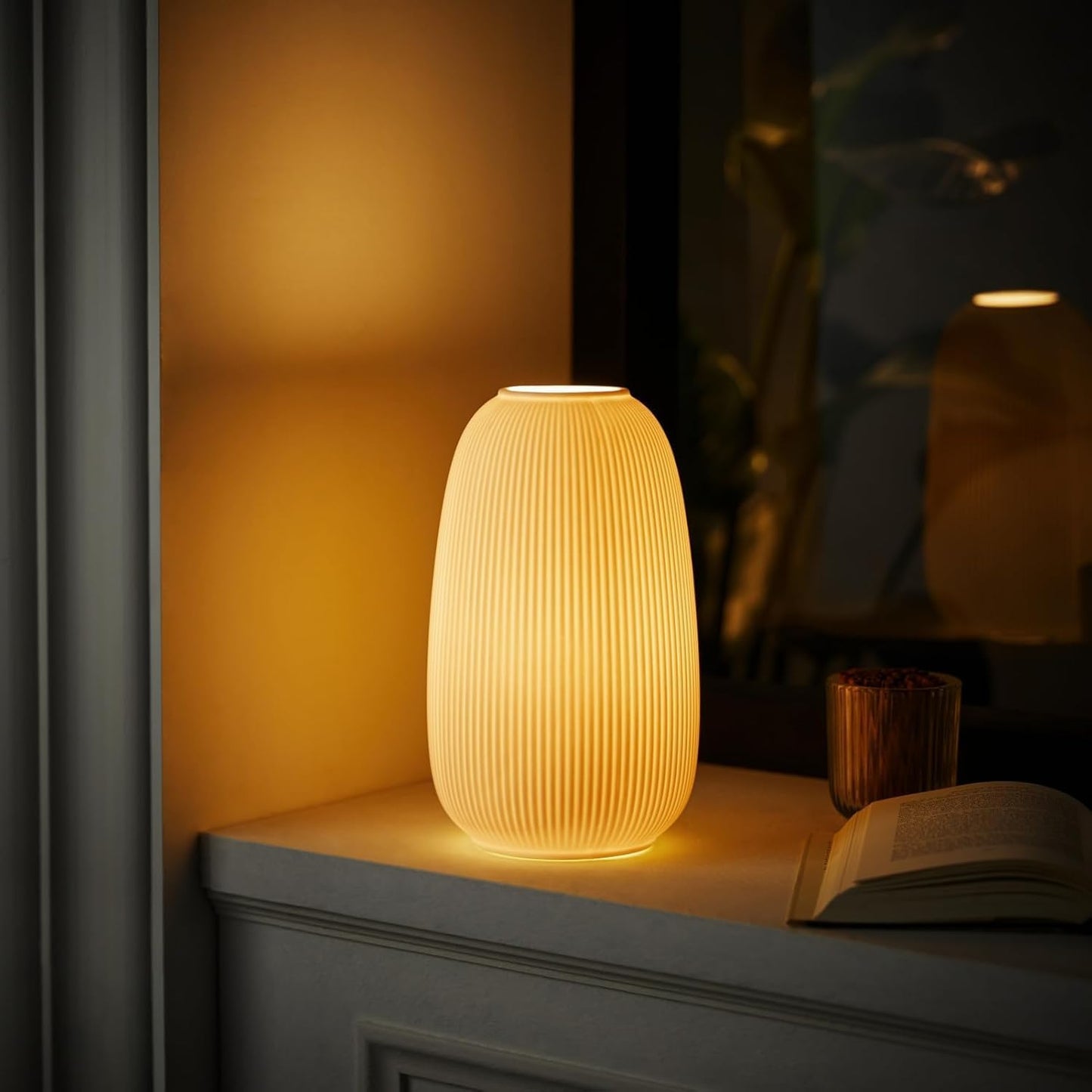 RONDURE Modern Ceramic Decorative Table Lamp Living Room Bedroom Bedside | Handcrafted Unique Warm Ambient Lighting Lamp, Accent White Translucent Ceramic shade, Fully Dimmable, Corded, Bulb Included