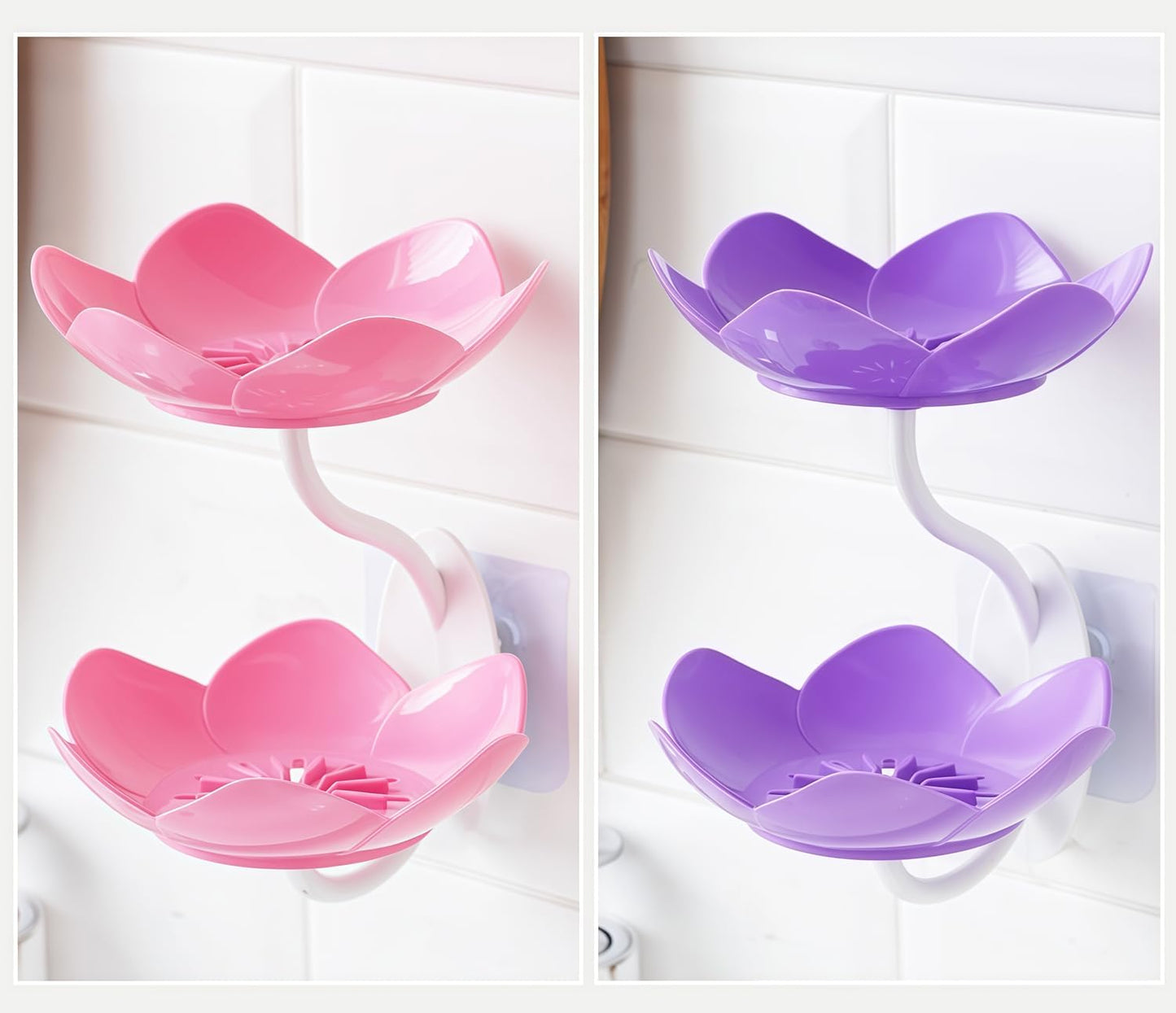 Soap Dish Holder for Shower Bar Double Layer Cute Lotus Shape Adhesive Tray Sink Wall Mounted Shampoo NO-Drilling Self Draining Hanging Saver Rack Plastic Bathroom Bathtub Kitchen，Pink