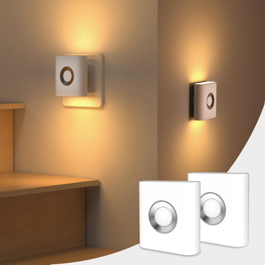 Plug-in LED Backlit Night Light with Motion Sensor & Dusk to Dawn Sensor, Warm White Nightlight with 50 lm Adjustable Brightness for Bathroom, Bedroom, Hallway, Stairs (2 Pack)