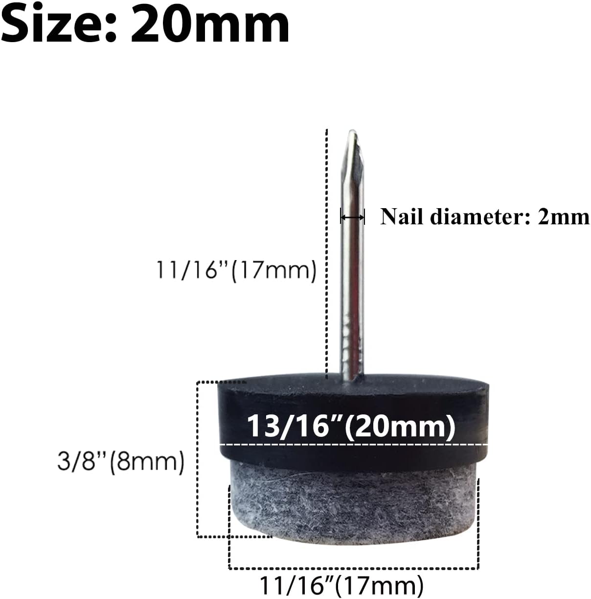 40pcs Round Heavy Duty Nail-on Felt Pad for Furniture Chair Table Leg Feet Floor Protectors Slide Smoothly (Black, Pad Diameter 18mm)