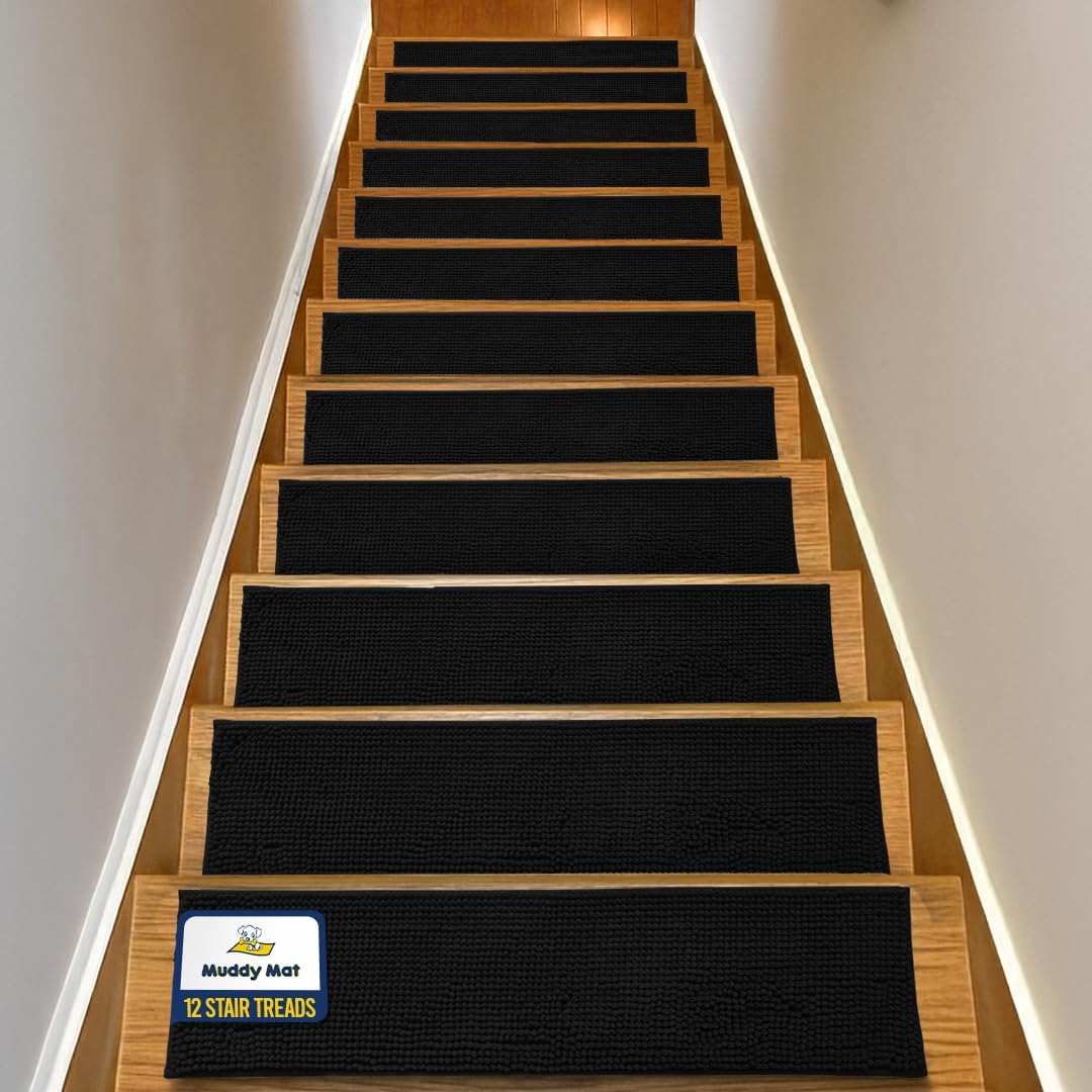 Muddy Mat® Pack of 4 - Soft Chenille Stair Treads Non-Slip Reusable, Super Absorbent Stair Treads for Wooden Steps, Tile & Marble Floor, Easy to Install & Machine Washable - Brown 30'' x 7''