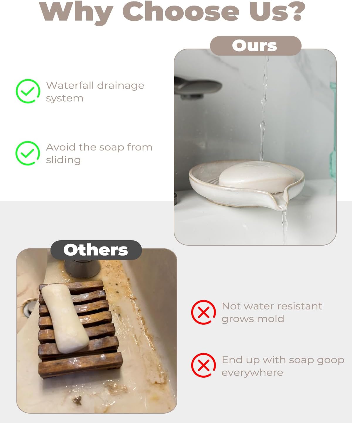 Self Draining Soap Dish, Ceramic Drain Soap Holder Waterfall Design Soap Saver for Shower, Bathroom, Sink, Kitchen and Countertop, Keeps Dry, Green