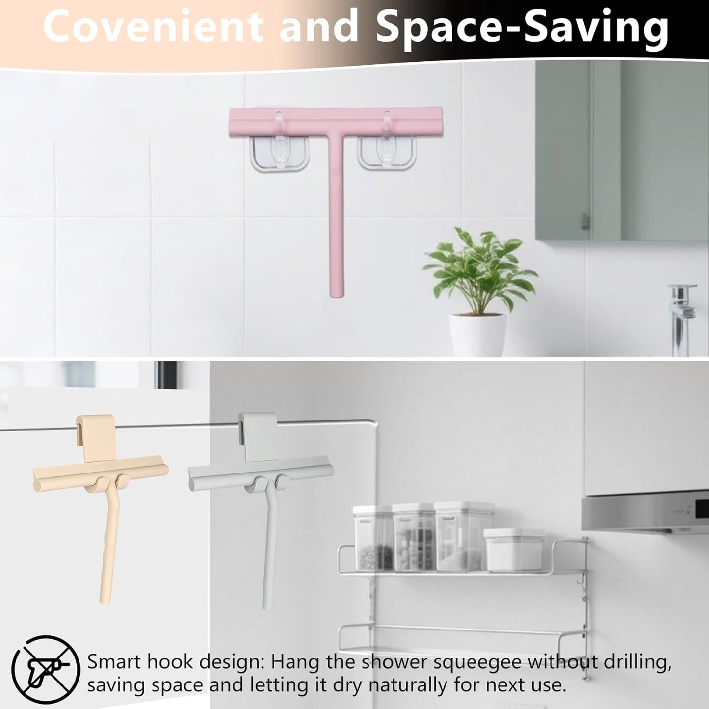 Squeegee for Shower Glass Doors, Resilient Loop - No-Drill & Adhesive Hook, Silicone Shower Squeegee with Stainless Steel Core, Cleaning Tool for Home, Kitchen, Bathroom & Car - Black