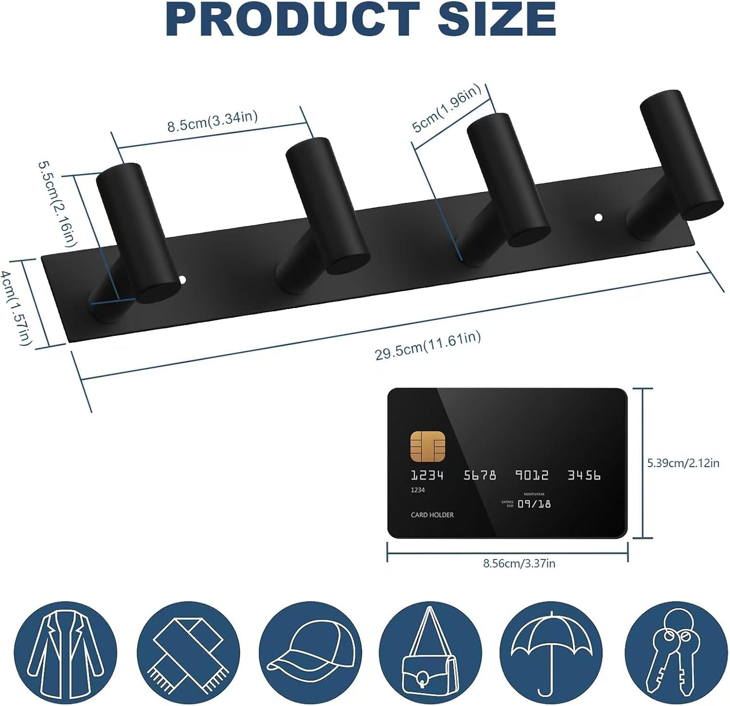 VAEHOLD Black Hat and Coat Wall Mount Rack - 3 Hooks for Robes, Bags, Keys, and Towels - Bathroom Towel Hanger Organizer (1 Pack)