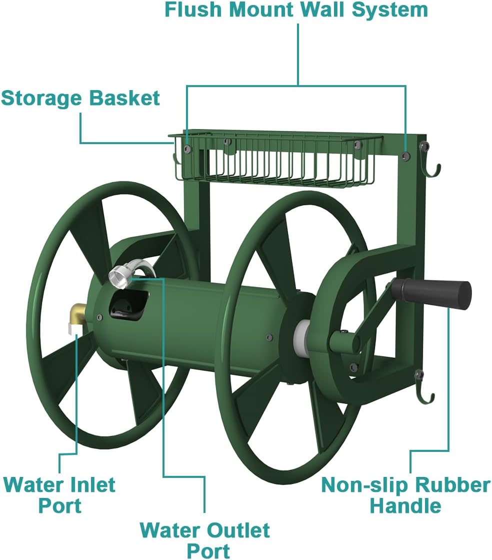 Artigarden Outdoor Wall Mounted Hose Reel with Hook, Garden Heavy-Duty Water Holder Winder with 3.9 ft Leader Hoses, Brass Fitting and Storage Basket for Yard, Holds 125 Ft of 5/8-Inch Hose, Black