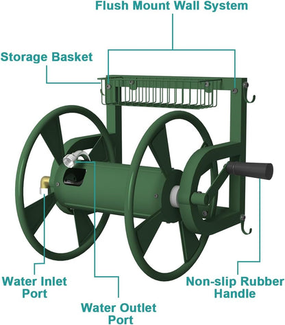 Artigarden Outdoor Wall Mounted Hose Reel with Hook, Garden Heavy-Duty Water Holder Winder with 3.9 ft Leader Hoses, Brass Fitting and Storage Basket for Yard, Holds 125 Ft of 5/8-Inch Hose, Black