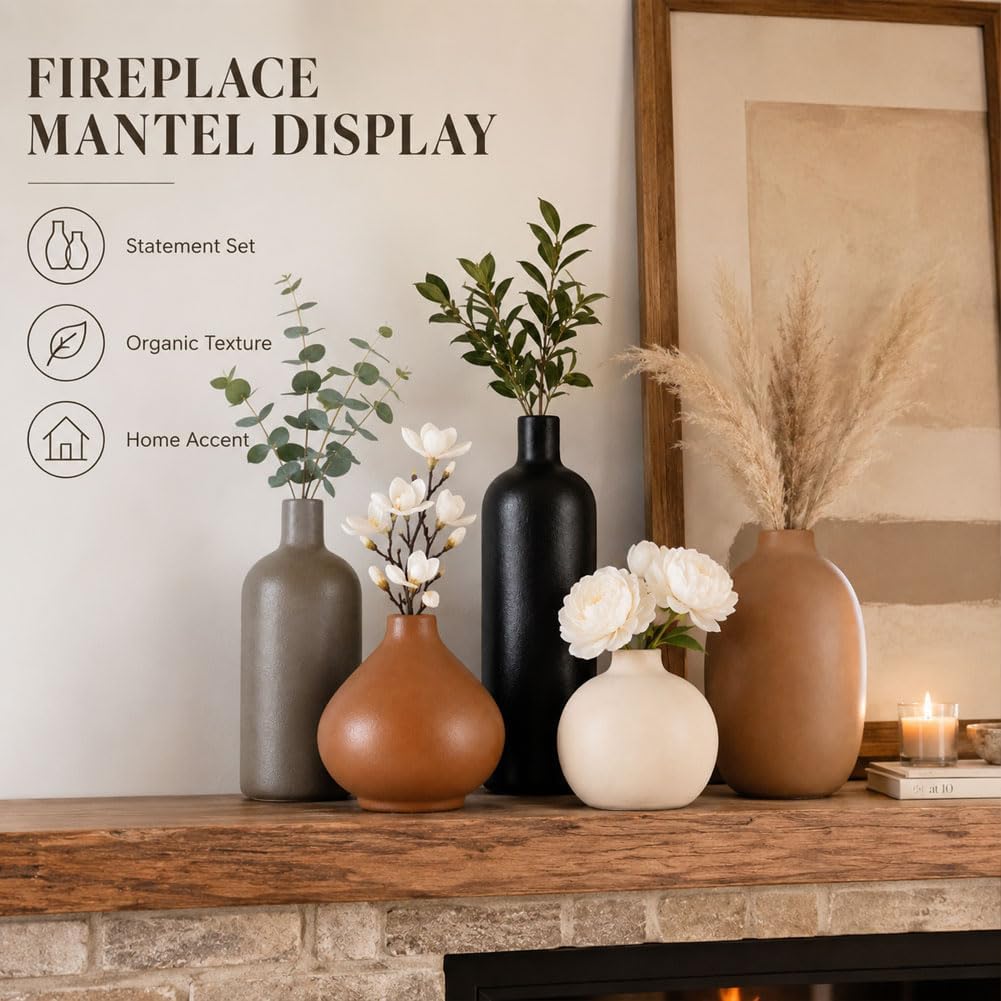 Ceramic Vase Set of 4, Modern Vases Home Decor, Neutral Decorative Vase for Bouquet Pampas Grass Dried Fresh Flowers, Small Vase for Living Room, Kitchen, Bedroom, Bathroom, Entryway Mantel, Decor