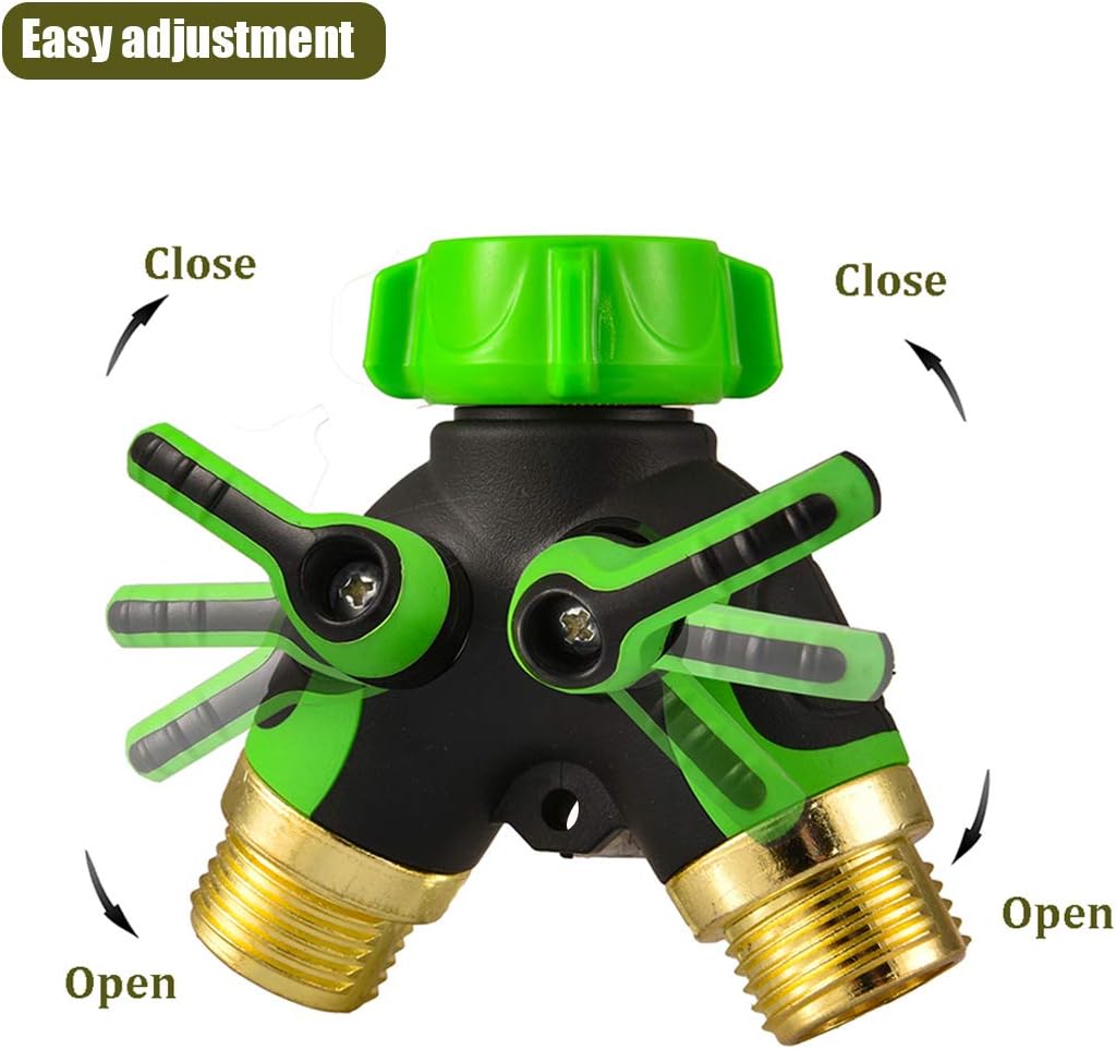 Garden 2 Way Hose Splitter Y Connector with Comfortable Rubber Grip and 360 °Rotatable Top Quick Connect Garden Hose Tee Equipment Valve Shut Off (Green 2)