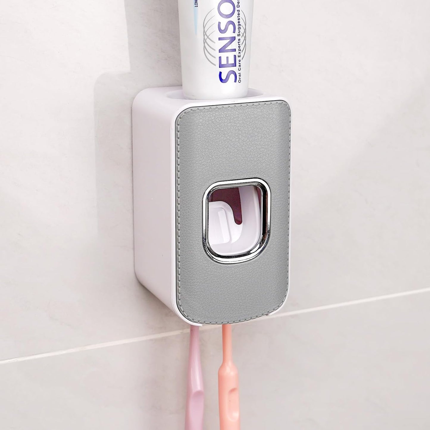 2 Slot Toothbrush Holder and Toothpaste Dispenser Wall Mounted, Automatic Toothpaste Squeezer, 2 in 1 Tooth Brush Toothpaste Organizer for Shower (Grey)