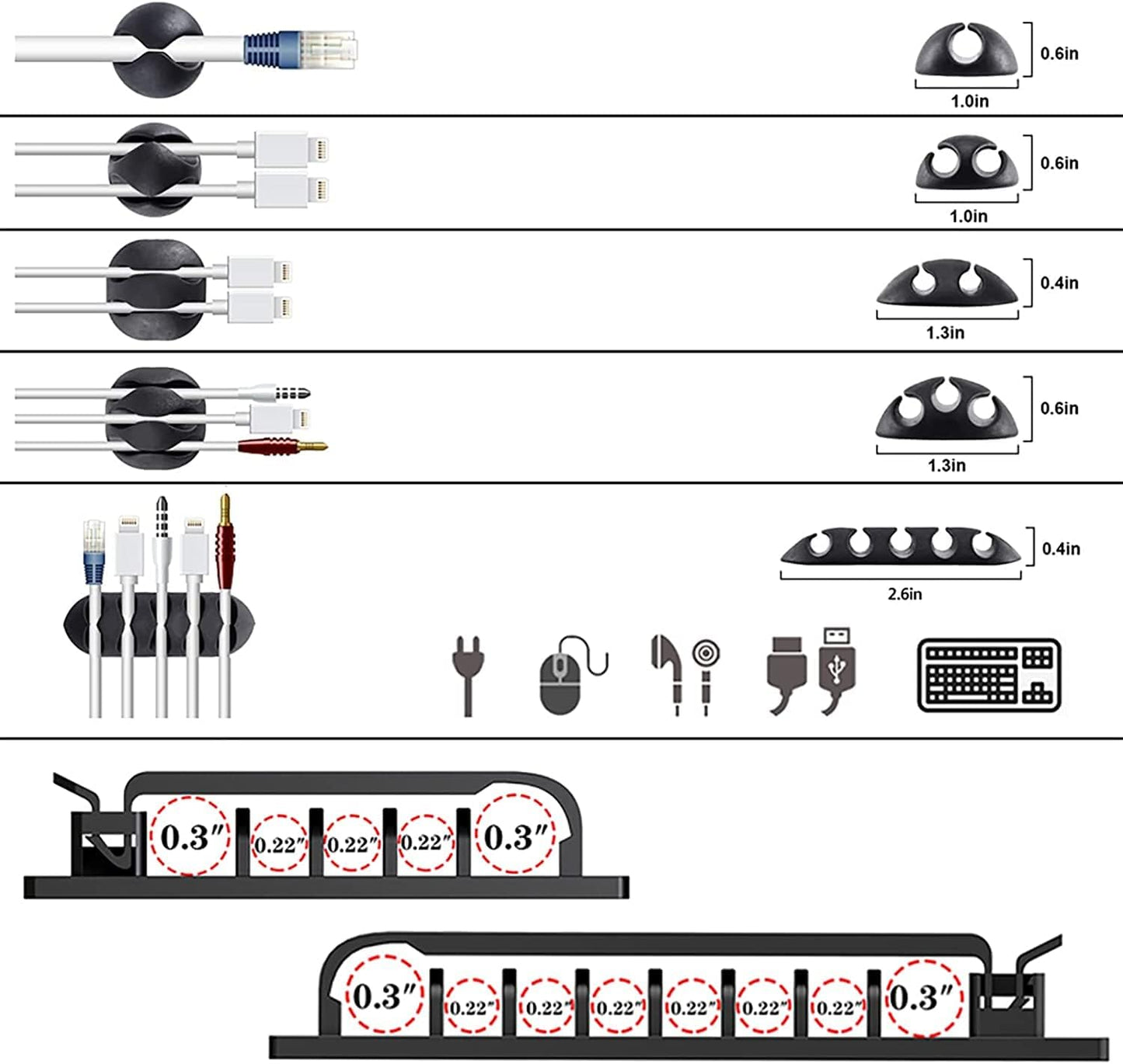 White Cable Management Organizer Kit 4 Cable Sleeve Split 311Pcs | 47Cable Clips 12Cord Clips Holder,22 Cable Ties, 20 adhesive Wall cable Tie, 200Fasten Cable Ties for TV Electronics