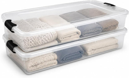 HOMZ 2-Pack Under Bed Storage, Clear Plastic Containers with Lids, 60 Quart, Gray Latch - Stackable Underbed Organizer Bins for Shoes, Bags, Clothes, and Towels