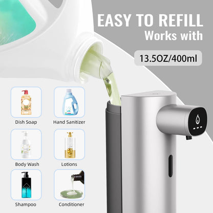 Automatic Liquid Soap Dispenser Touchless, USB Rechargeable Smart Hand Soap Dispenser, 13.5oz/400ml, 3-Level Adjustable, Compatible with Thick Thin Dish Soap for Bathroom Kitchen, Clog-Free (Silver)