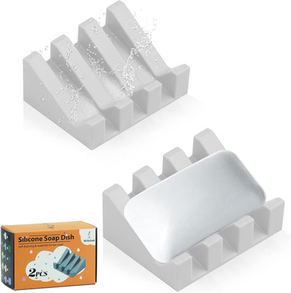 Self Draining Silicone Soap Dish with Suction Cups - Non-Slip Bar Soap Holder for Shower & Kitchen, Waterfall Tray Keeps Soap Dry, Easy Clean, Extends Soap Life (White, 1)