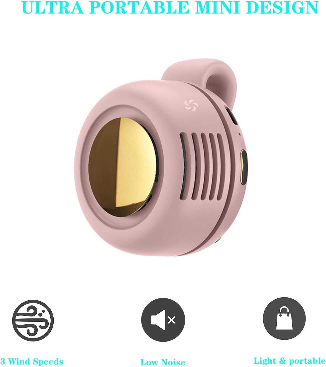 Portable Silent Bladeless Clip On Fan, Mini Fan With Clip, Rechargeable Personal Held Fans, Adjustable 3-Speed Suspended Waist Fans for Outdoor,Camping,Travel,Office (Pink)