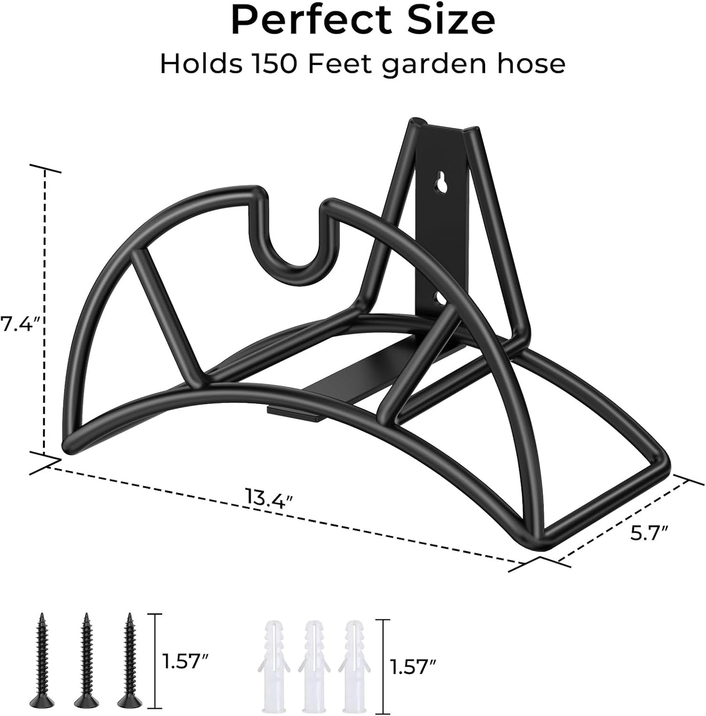 TomCare Garden Hose Holder Wall Mount Metal Water Hose Holder Holds 150Ft Hoses Heavy Duty Hose Hanger Sturdy Hoses Storage Organizer for Outside Yard Garden, Black