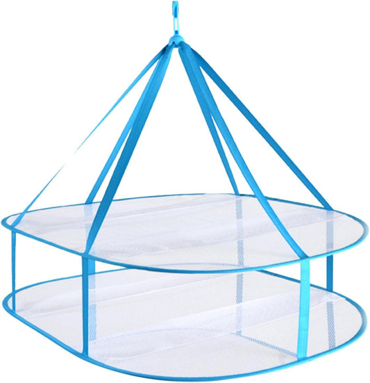 2 Tier Folding Drying Rack, Folding Mesh Clothes Hanging Dryer, Portable Windproof Hanging Laundry Racks with Fixing Band for T-Shirt, Swimsuit, Underwear Outdoor Indoor