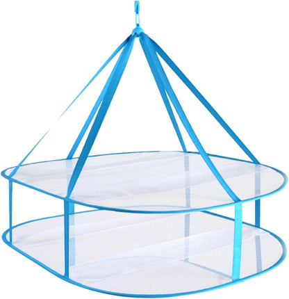 2 Tier Folded Mesh Clothes Hanging Dryer Sweater Drying Rack,Windproof Laundry Drying Rack,Foldable Hanging Mesh Dryer for Underwear Lingerie Sweater Outdoor, Indoor(blue,size:30.7x24x23.6inch)