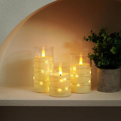 Amagic Red Flameless Candles 3 Set, Flickering Battery Operated Candles Embedded Fairy String Light, Realistic Pillar Candle with Remote Control and Timer, Acrylic, D3 x H4 5" 6"