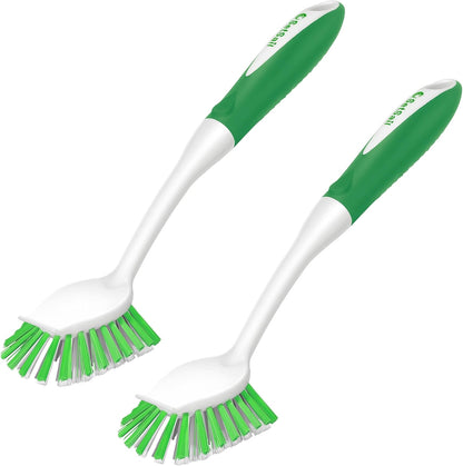 SetSail Dish Brush with Handle, 2 Pack Stiff Bristles Dish Scrubber with Built-in Scraper Dish Scrub Brushes for Cleaning Dishes, Pots and Pans, Kitchen Sink