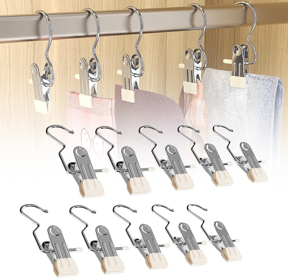 Space-Saving Clothespin Hat Pants Storage Hanging Travel Hook, Stainless Steel Boot Hangers Clips Boot Hangers for Closet, Laundry Hooks Hanging Clips Clothes Pins Socks Towel Clips (Black, 10Pcs)
