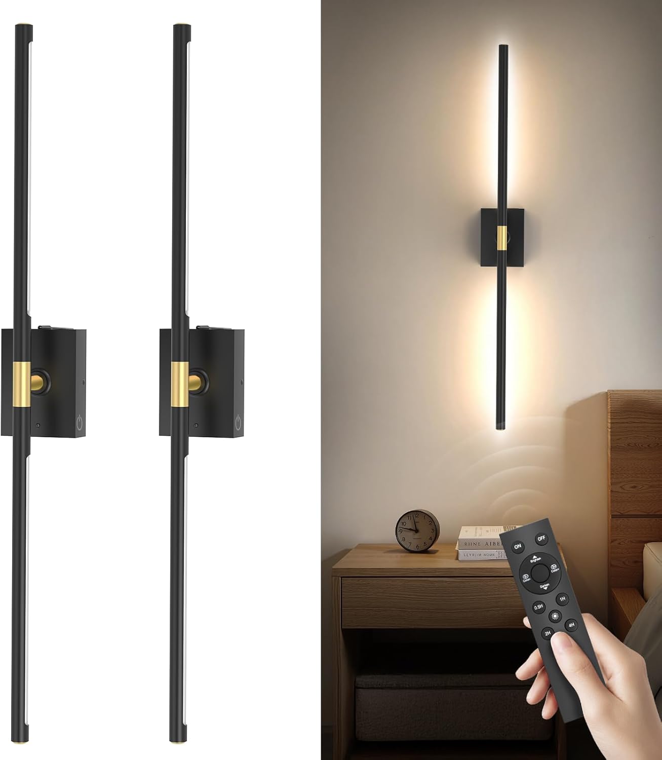 Battery Operated Wall Sconces Set of 2: 10000mAh Rechargeable Wall Lights with Remote, 360° Rotate 3000K-6000K LED Wireless Wall Light Fixtures Decor for Bedroom Living Room Hallway Picture Lighting