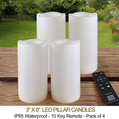 Set of 4 White Outdoor LED Pillar Candles 3x4 3x5 3x6 3x7 with Timer and Remote - IP65 Waterproof Battery Operated LED Pillar Candles - Flickering Flameless Pillar Candles Unscented Outside