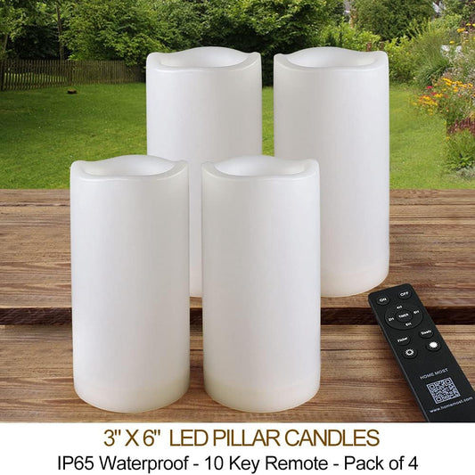 Set of 4 White Outdoor LED Pillar Candles 3x4 3x5 3x6 3x7 with Timer and Remote - IP65 Waterproof Battery Operated LED Pillar Candles - Flickering Flameless Pillar Candles Unscented Outside