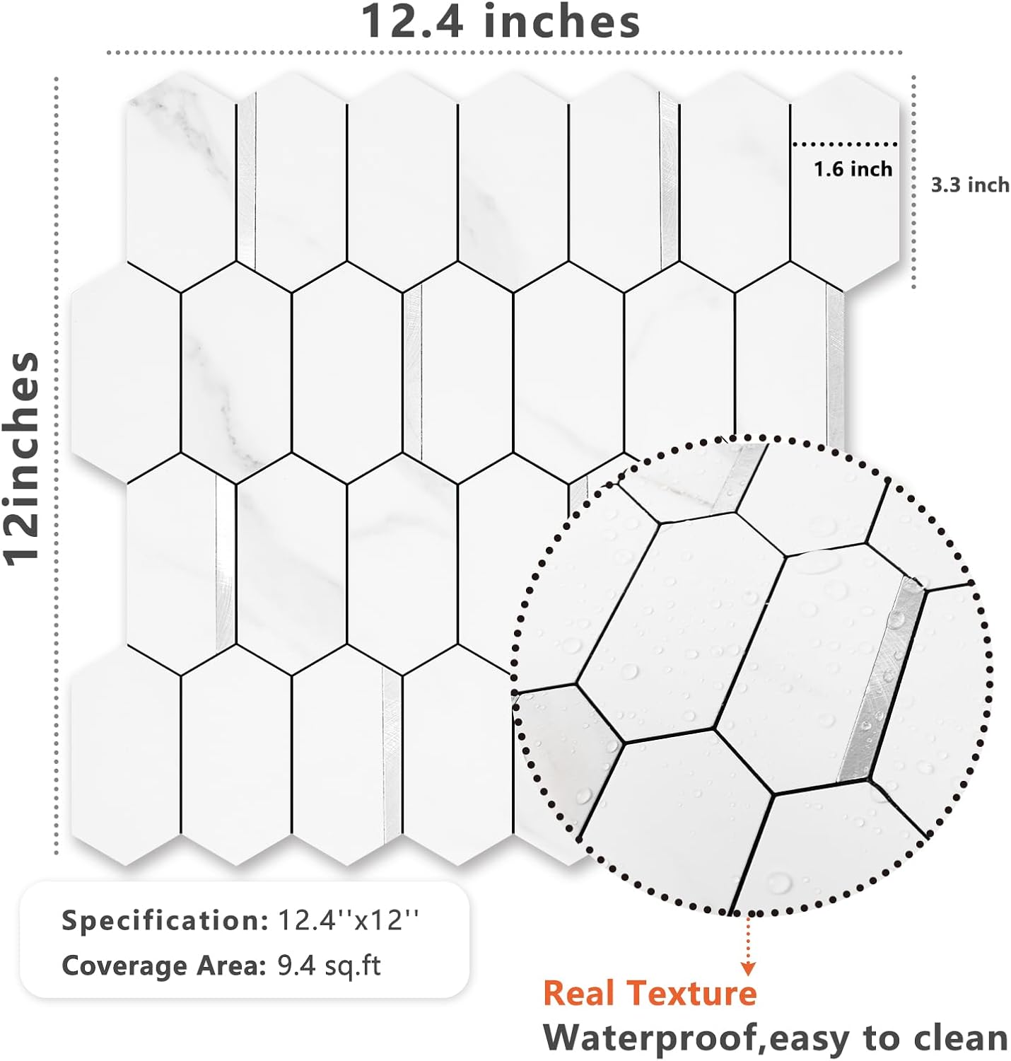 Vamos Tile Long Hexagon Peel and Stick Backsplash Tile - 10 Sheets Stick on Backsplash for Kitchen and Bathroom 12.4 x 12 Inch Glossy Wood Grain PVC Self Adhesive Mosaic Wall Tiles