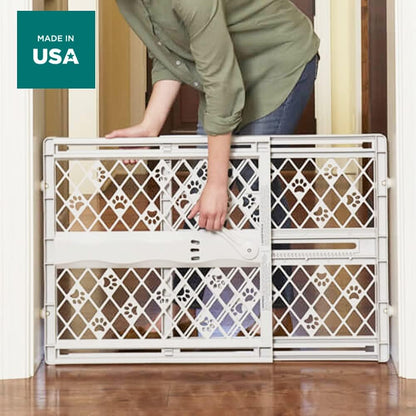 MYPET Paws Portable Pet Gate: 26-40" Wide Expandable, Pressure Mounted No Tools Needed, Durable Dog Gate for Doorways, Made in USA, 23" Tall, Fieldstone Gray