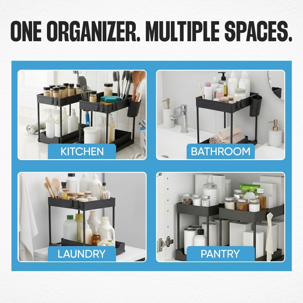Undersink Organizer, 2-Tier Under Sink Storage Rack with Sliding Drawers for Kitchen Bathroom Cabinets, Pull Out Organizer for Pantry, Laundry Room & Closet Organization - 1 Pack, Black
