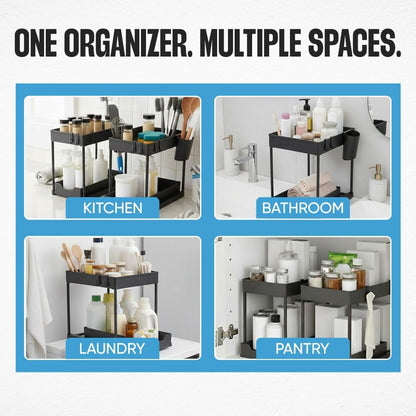 Undersink Organizer, 2-Tier Under Sink Storage Rack with Sliding Drawers for Kitchen Bathroom Cabinets, Pull Out Organizer for Pantry, Laundry Room & Closet Organization - 1 Pack, Black