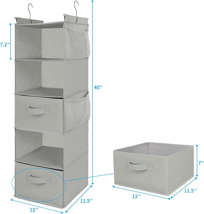 MAX Houser 4-Shelf Hanging Closet Organizer, Space Saver, Cloth Hanging Shelves with 2 Side Pockets, Foldable (Beige)