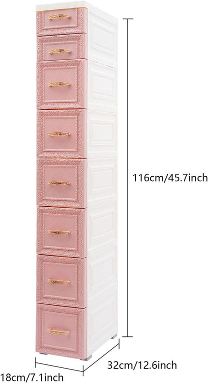 8 Drawers Narrow Storage Cabinet with Wheels,Slim Floor Cabinets,Rolling Organizer Cart for Small Spaces,Pink