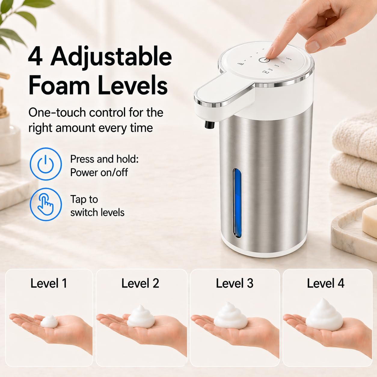 Automatic Foaming Soap Dispenser Touchless, 304 Stainless Steel Hand Soap Dispenser, USB Rechargeable, 4 Adjustable Levels, 13.5 oz (400 ml), for Kitchen & Bathroom (Black, Foam)