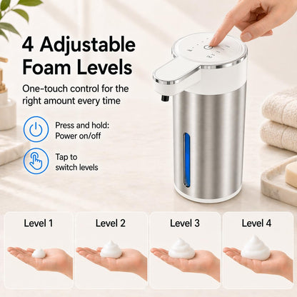 Automatic Foaming Soap Dispenser Touchless, 304 Stainless Steel Hand Soap Dispenser, USB Rechargeable, 4 Adjustable Levels, 13.5 oz (400 ml), for Kitchen & Bathroom (Black, Foam)